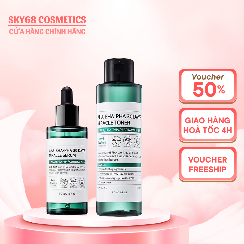 Combo Toner & Serum giảm mụn Some by mi AHA-BHA-PHA 30 DAYS MIRACLE TONER