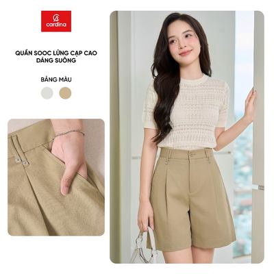 Quần đùi sooc lửng nữ CARDINA chất liệu chéo kaki dáng suông cạp cao 6QLT01