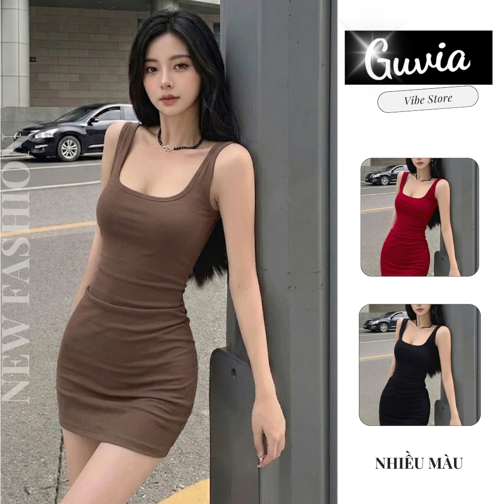 Đầm Body Nữ Hai Dây Bản To Dáng Ngắn Ôm Body Sexy Chất Thun Co Giãn Guvia DB53