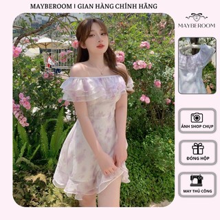 Đầm váy hoa trễ vai mặc hai kiểu xoè A dáng ngắn xẻ tà nhẹ Mayberoom