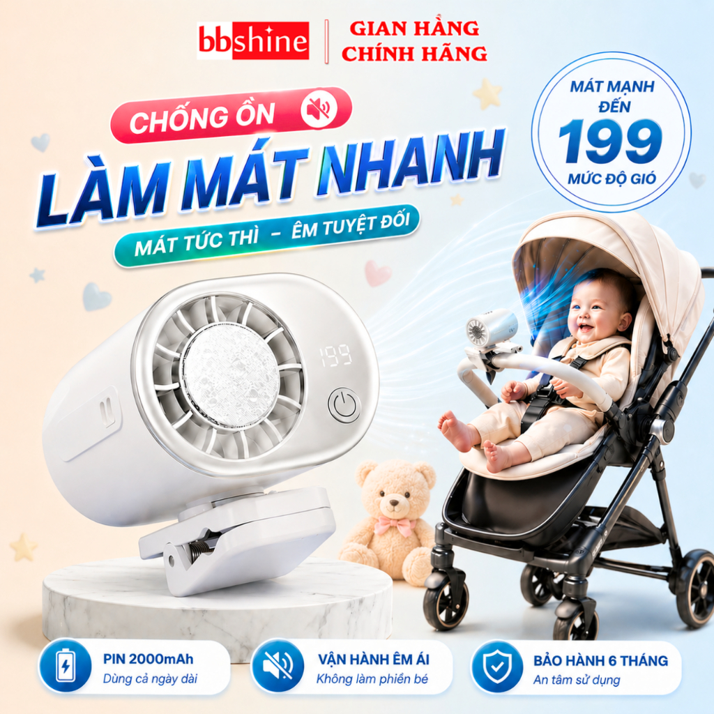 Quạt kẹp tích điện mini cao cấp không gây tiếng ồn pin cao làm lạnh nhanh BBShine - DT014