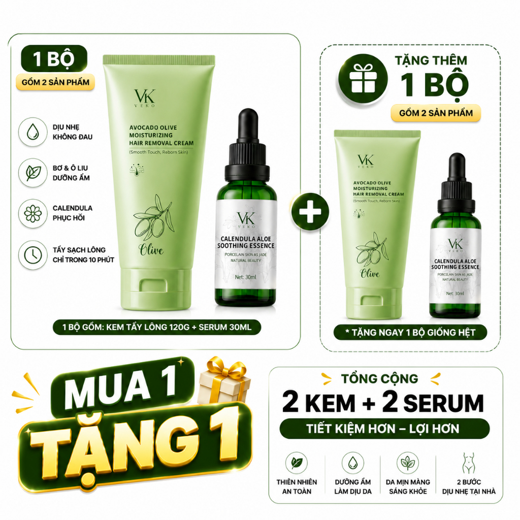 Kem Tẩy Lông Olive + Serum Hoa Cúc - Kem Tẩy Lông Olive Chính Hãng Sạch Lông Bikini/Nách/Tay Chân