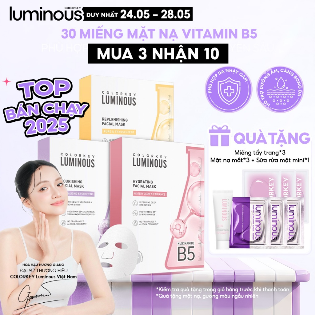 Mặt Nạ Giấy COLORKEY LUMINOUS | COMBO 3 HỘP| Tinh Chất Vitamin B5 Cấp Ẩm Cho Da Mịn Màng 25ml x 30 miếng