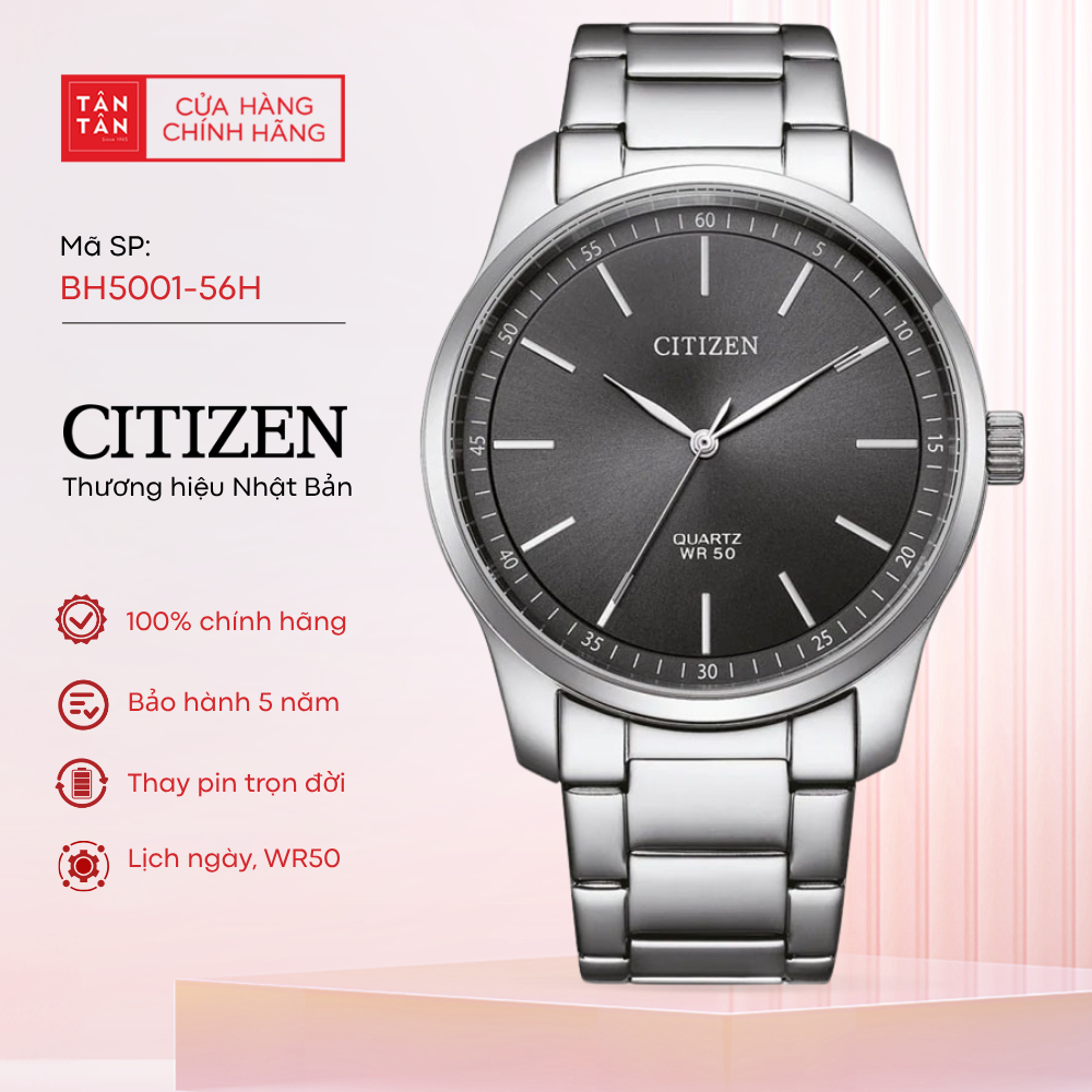Đồng hồ Citizen Nam BH5001-56H - Quartz 42mm Mặt xám Dây thép không gỉ