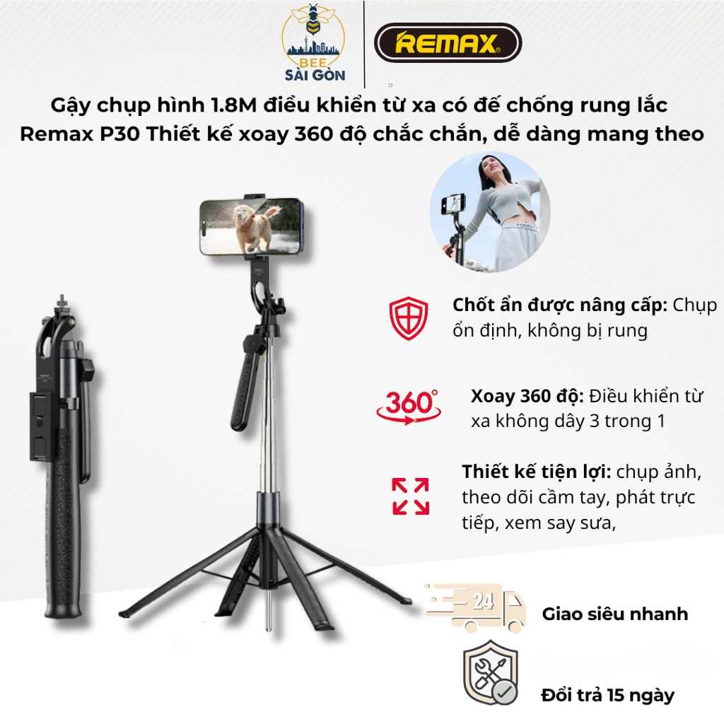 Gậy Chụp Ảnh Selfie REMAX P30, Tích Hợp Tripod 4 Chân, Remote Bluetooth, Dài 1.8m - Gậy chụp ảnh P16