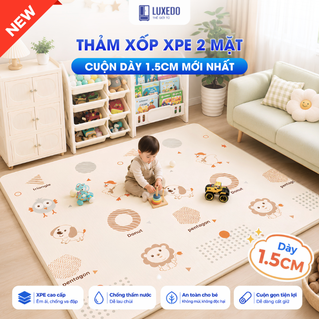 [NEW 1.5CM] Thảm Cuộn XPE Pakey Cao Cấp Êm Ái Họa Tiết Ngộ Nghĩnh, Thảm Trải Sàn Cho Bé Chơi Tập Bò 