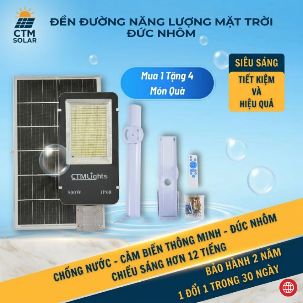 Mua 1 Tặng 4 - Đèn Đường Năng Lượng Mặt Trời Vỏ Nhôm 500W chiếu sáng, chống thấm IP68 - CTM02-500W