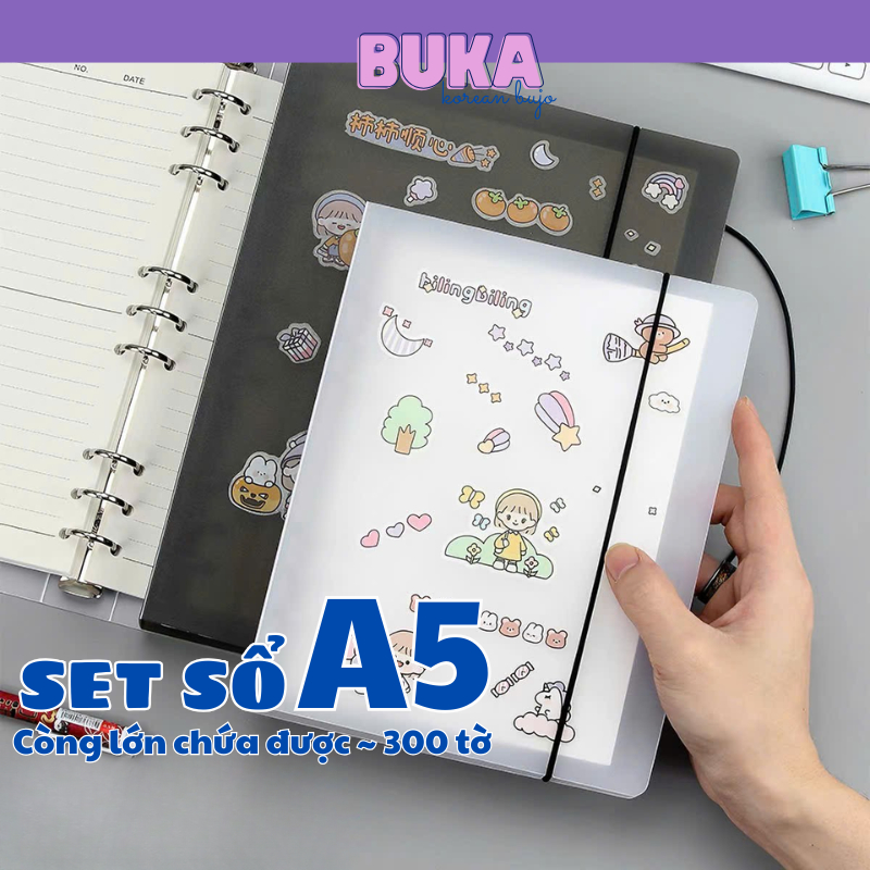 Sổ còng A5 6 còng bìa sổ còng binder giấy refill full set sổ A5 làm sổ tay ghi chép, sổ bullet journ