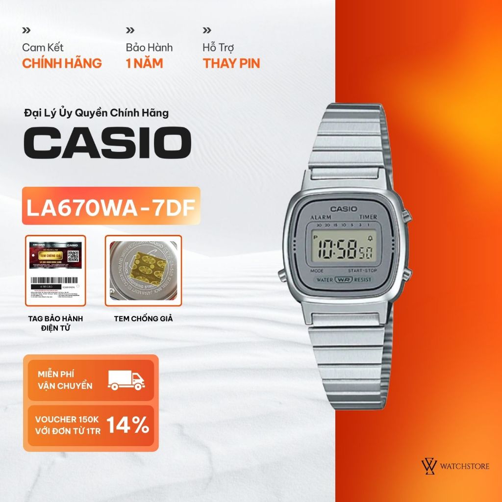 Đồng Hồ Điện Tử Nữ Casio Vintage Sang Trọng LA670WA-7DF Mặt Kính Nhựa 24.6mm Chống Nước Dây Kim Loại