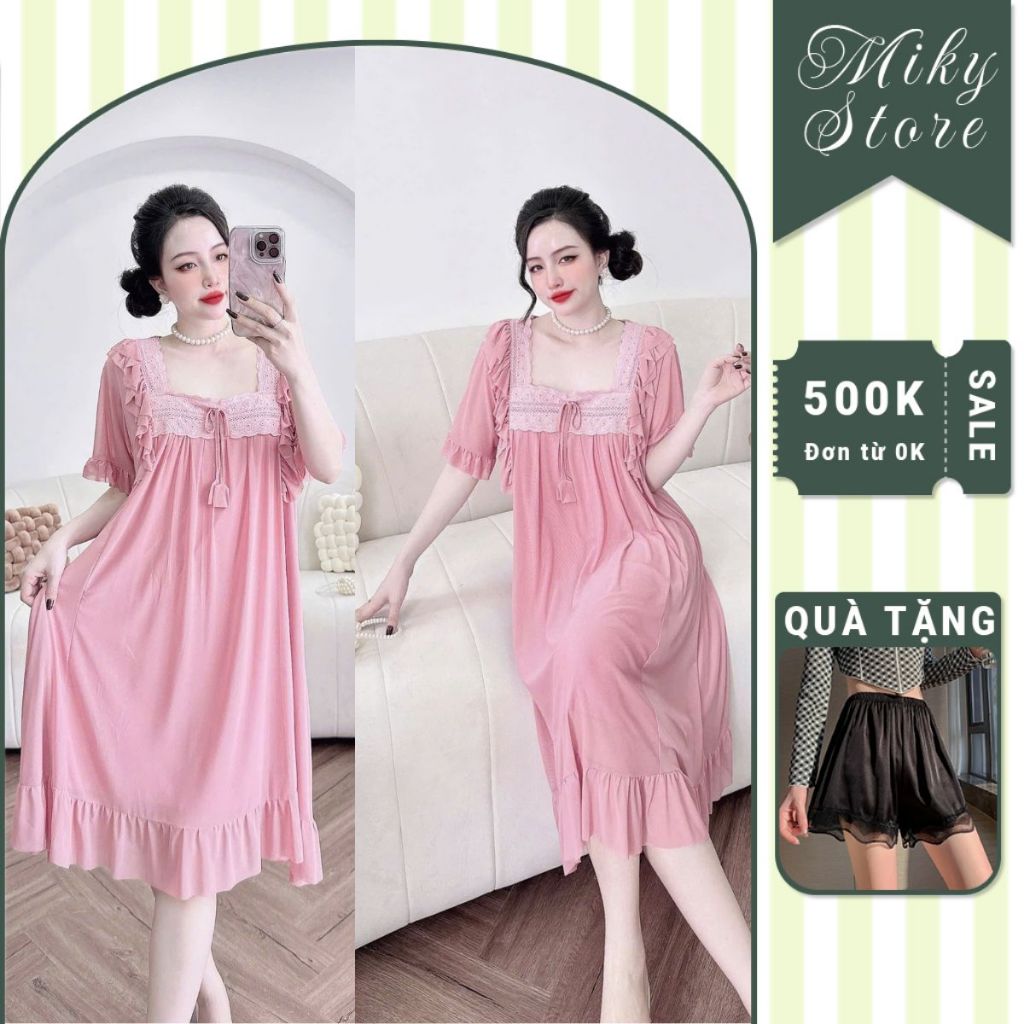 M45 Đầm Tiểu Thư Miky, Váy Ngủ Bigsize chất liệu lụa latin tay dài mềm mịn 80KG