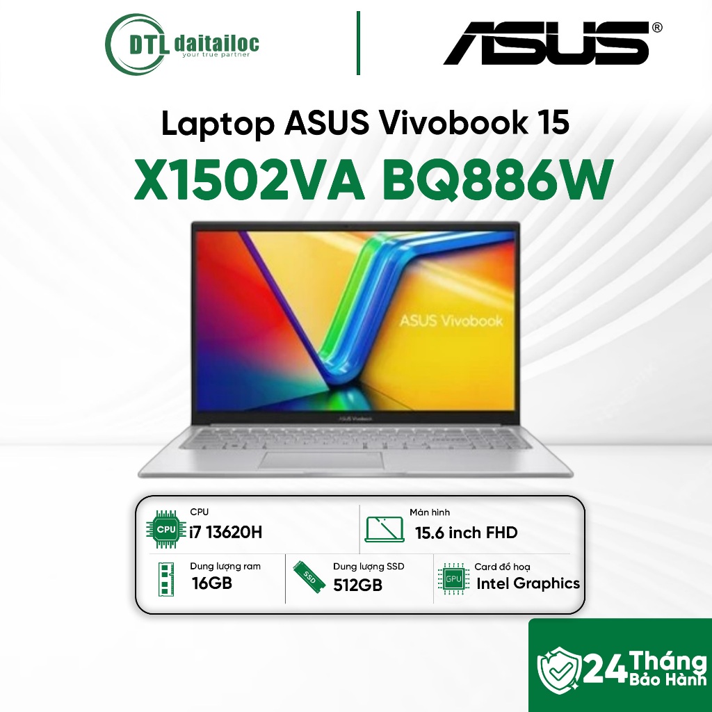 Laptop ASUS Vivobook 15 X1502VA BQ886W i7 13620H 16GB 512GB 15.6 inch FHD Win 11 Bạc | Chính Hãng | 