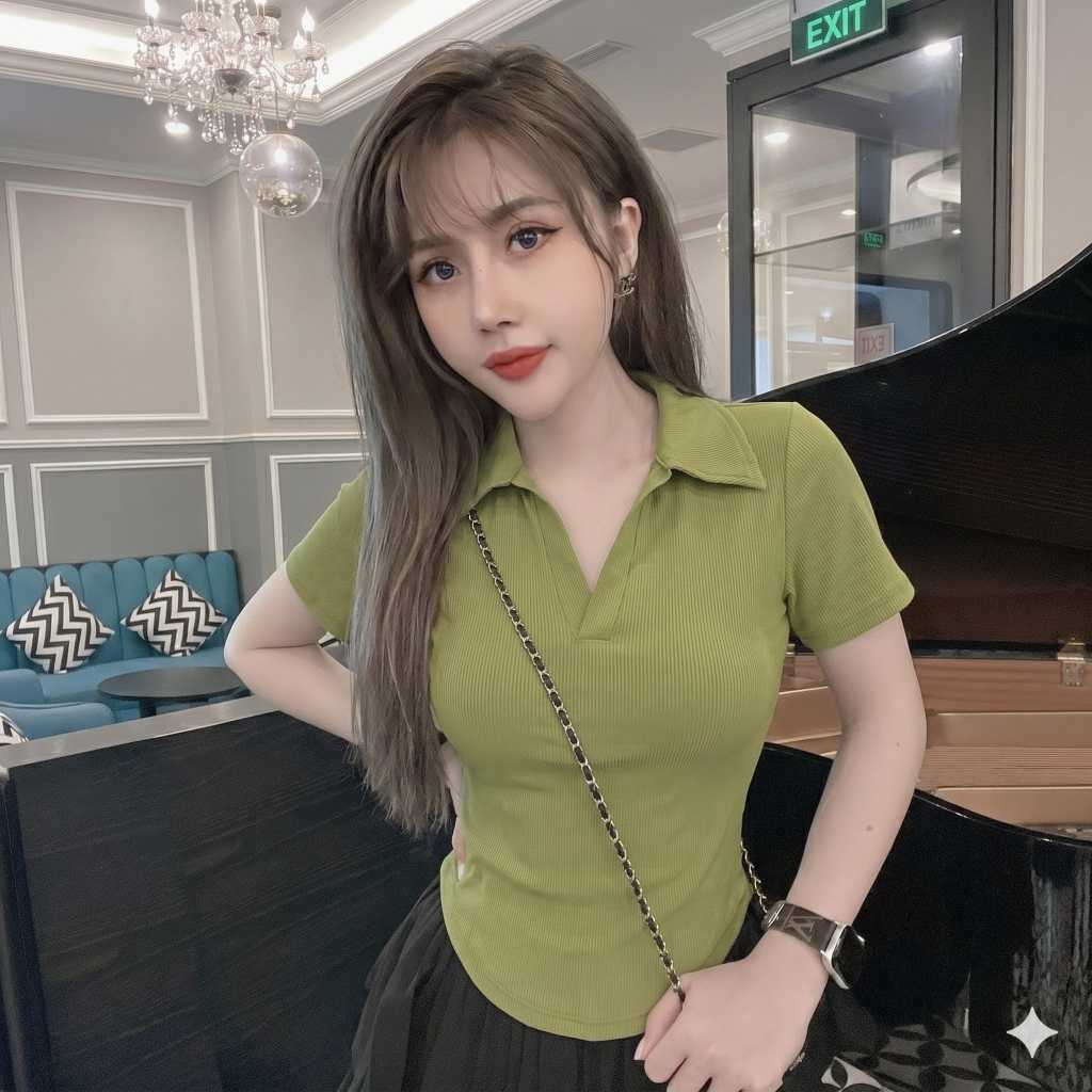 Áo Thun Nữ Cổ V Bẻ Gân Nổi Ôm Dáng