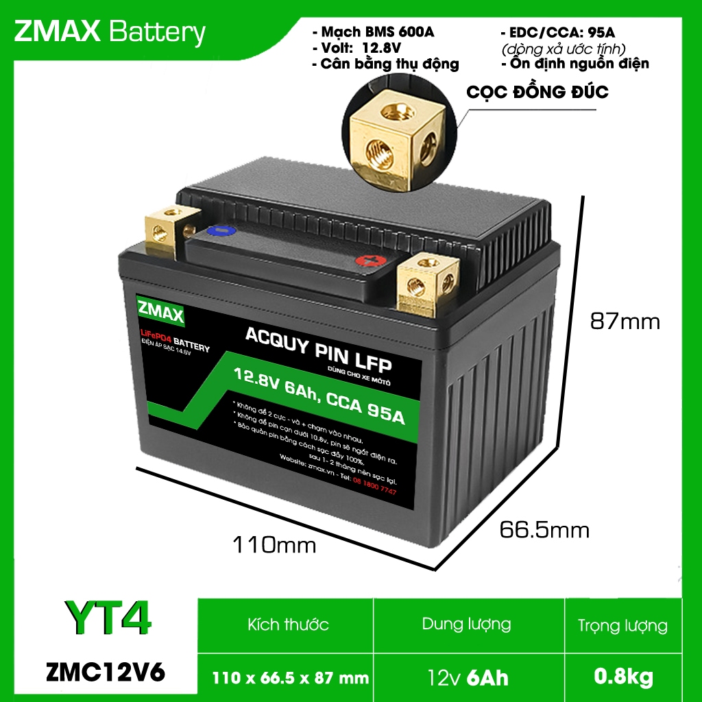 Bình Acquy ZMax Pin Lithium LifePO4 12V 6ah, CCA 95A ZMC12V6-YT4 Dùng Cho Xe Máy