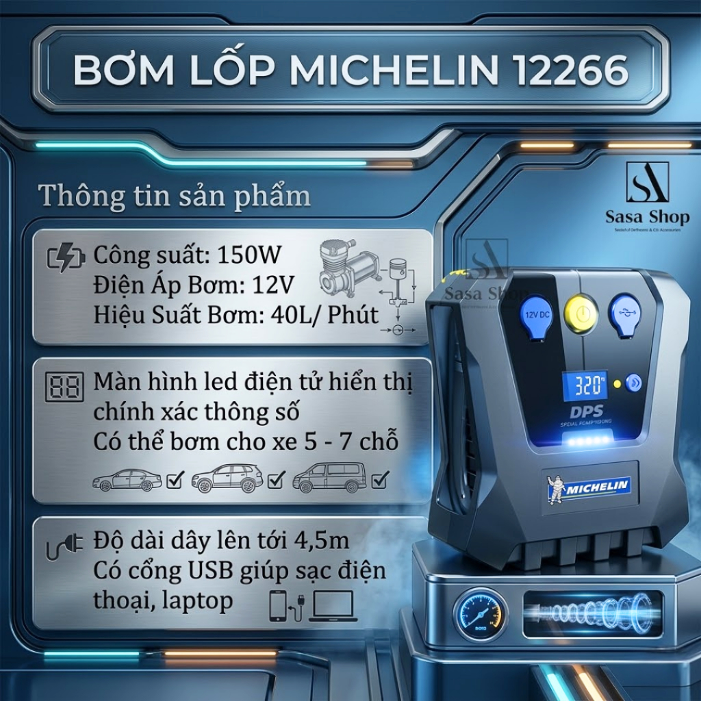 Bơm lốp Michelin 12266 - Bơm lốp tự ngắt 12v