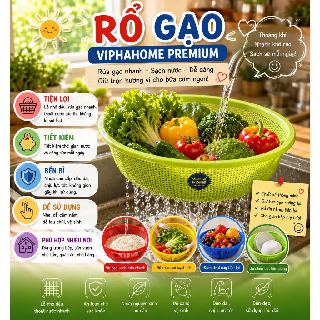 RỔ GẠO VIPHAHOME 3T0/ 3T6/ 4T0 [MÀU SẮC NGẪU NHIÊN]