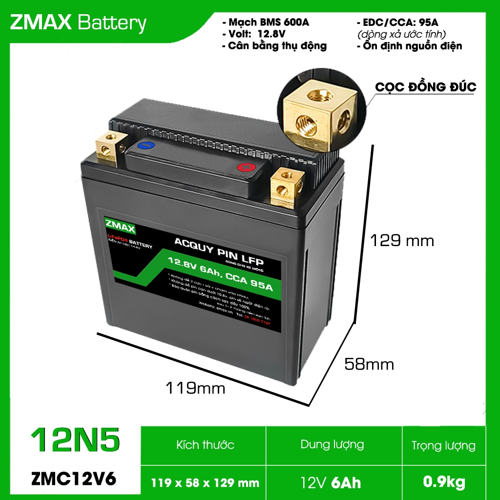 Bình Acquy ZMax Pin Lithium LifePO4 12V 6ah, CCA 95A, ZMC12V6-12N5 Dùng Cho Xe Máy 135cc