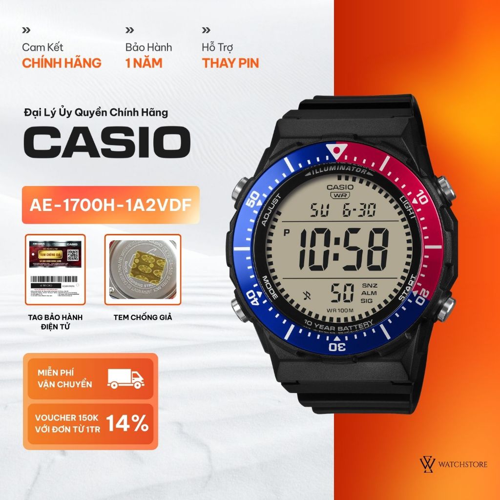 Đồng Hồ Điện Tử Nam Casio AE-1700H-1A2VDF  Mặt Kính Nhựa 47.3mm Chống Nước Dây Nhựa Chính Hãng