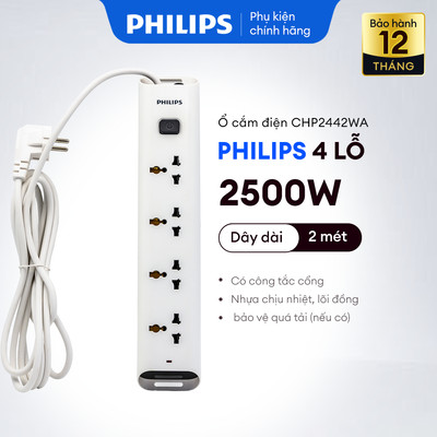 Ổ cắm điện đa năng Philips 4 Lỗ, công suất 2500W, có công tắc, dây dài 2m - CHP2442WA