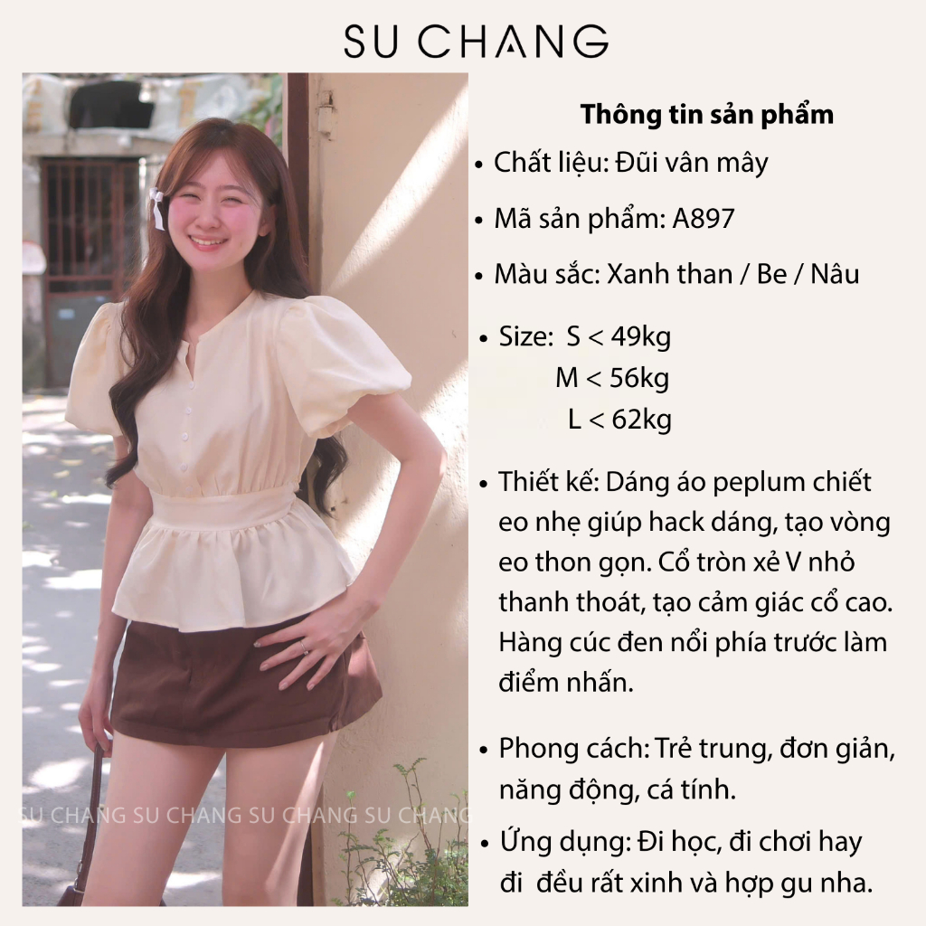 Áo Kiểu Cổ V Cúc Dọc Tay Bồng Bo Eo A897 Su Chang Thời Trang Nữ | BigBuy360 - bigbuy360.vn