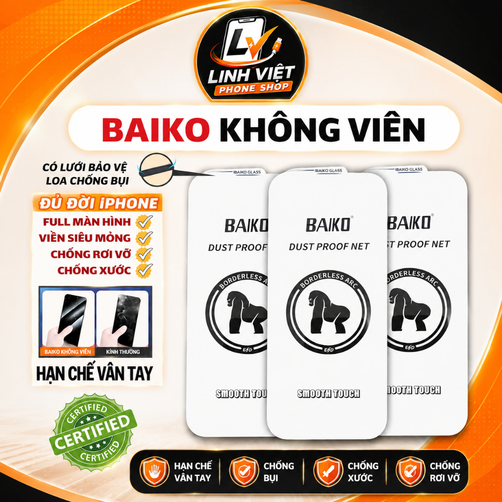 Kính cường lực iphone Baiko không viền Full màn hình cho ip 17 Air 16 15 14 13 12 11 Pro Max X Xs Xr