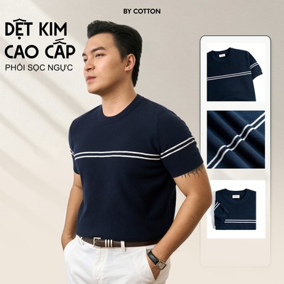 Áo Thun Nam Cao Cấp Dệt Kim Cổ Tròn Phối Sọc Ngực Đôi - BY COTTON