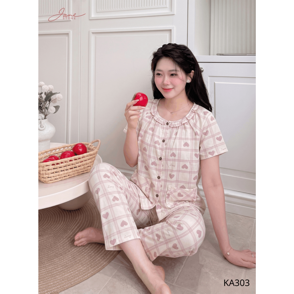 [JANE STORE]  Bộ đồ kẻ caro & tim áo cộc quần dài KA30