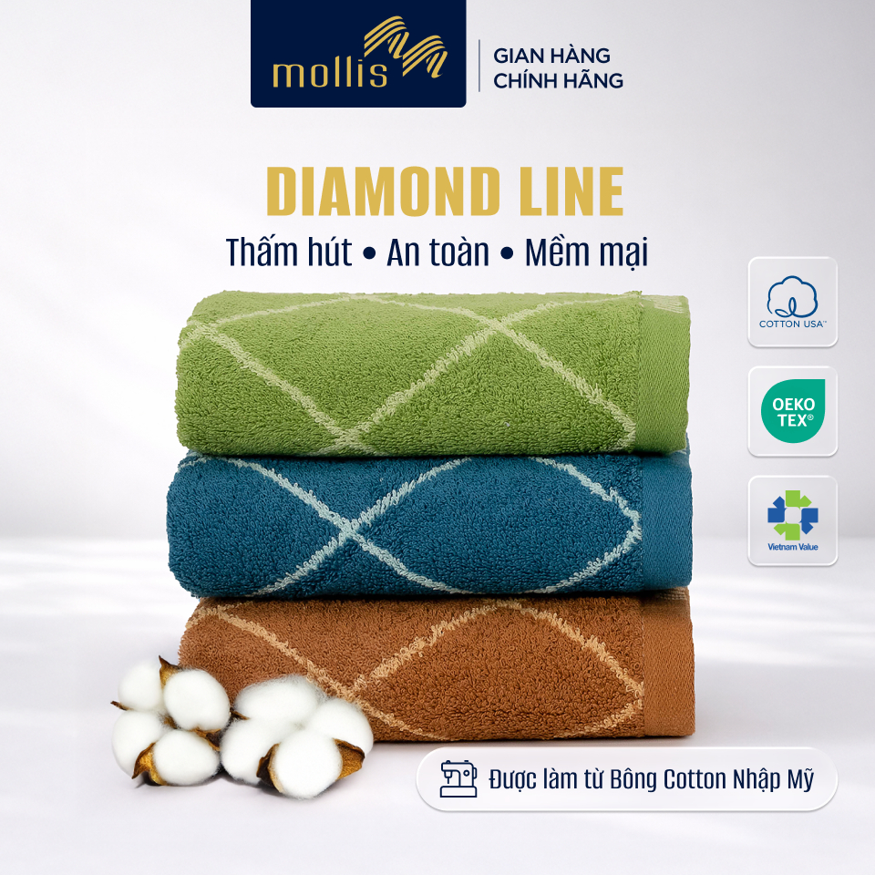 Khăn Tay HM8Z Mollis DIAMOND LINE sợi bông cotton nhập Mỹ, mềm êm thấm hút tốt, khăn tay, lau mặt ch