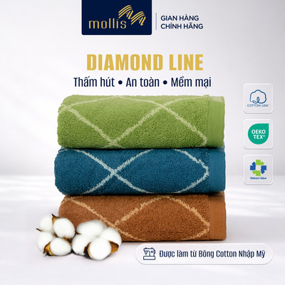 Khăn Mollis DIAMOND LINE sợi bông cotton nhập Mỹ, mềm êm thấm hút tốt, khăn tắm gội,mặt chăm da chuẩn skincare M8Z