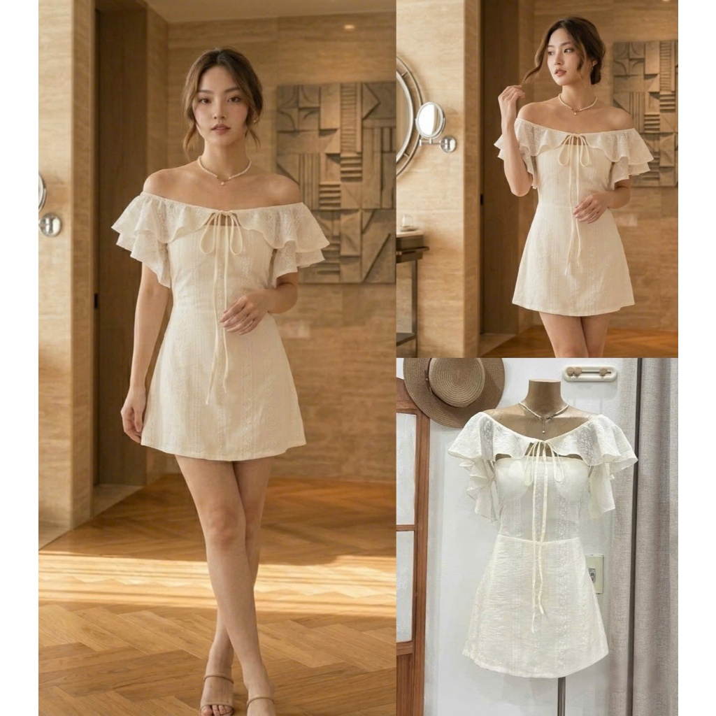 (Háng Shop): Váy Trễ Vai Đũi Tơ Buộc Nơ Ngực In Hoa Nổi Cúp Ngực Dáng Ngắn Lưng Chun Khoá Kéo -Ảnh Thật Lollaye