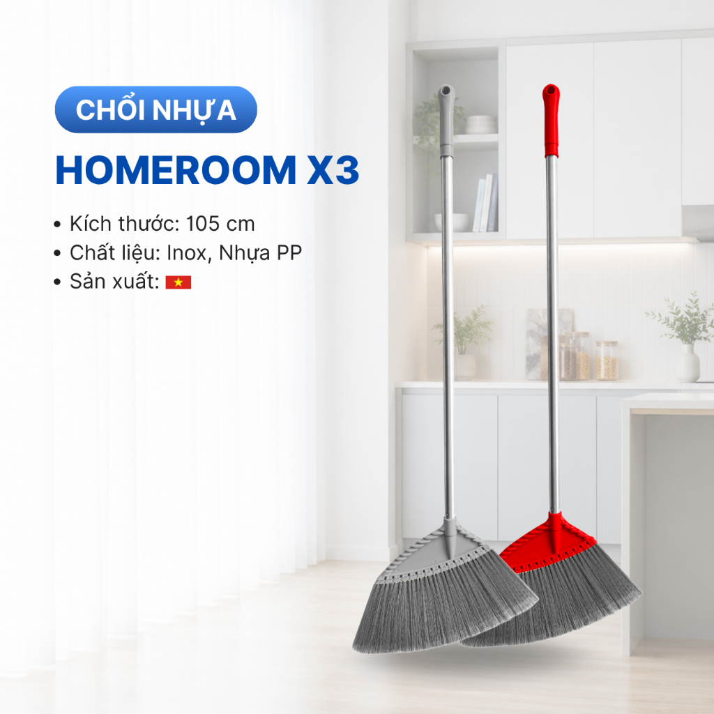 Chổi Quét Nhà Homebroom X3 Megahome -  thân chổi Inox bền đẹp, cước nhựa dày, chặt, quét nước được