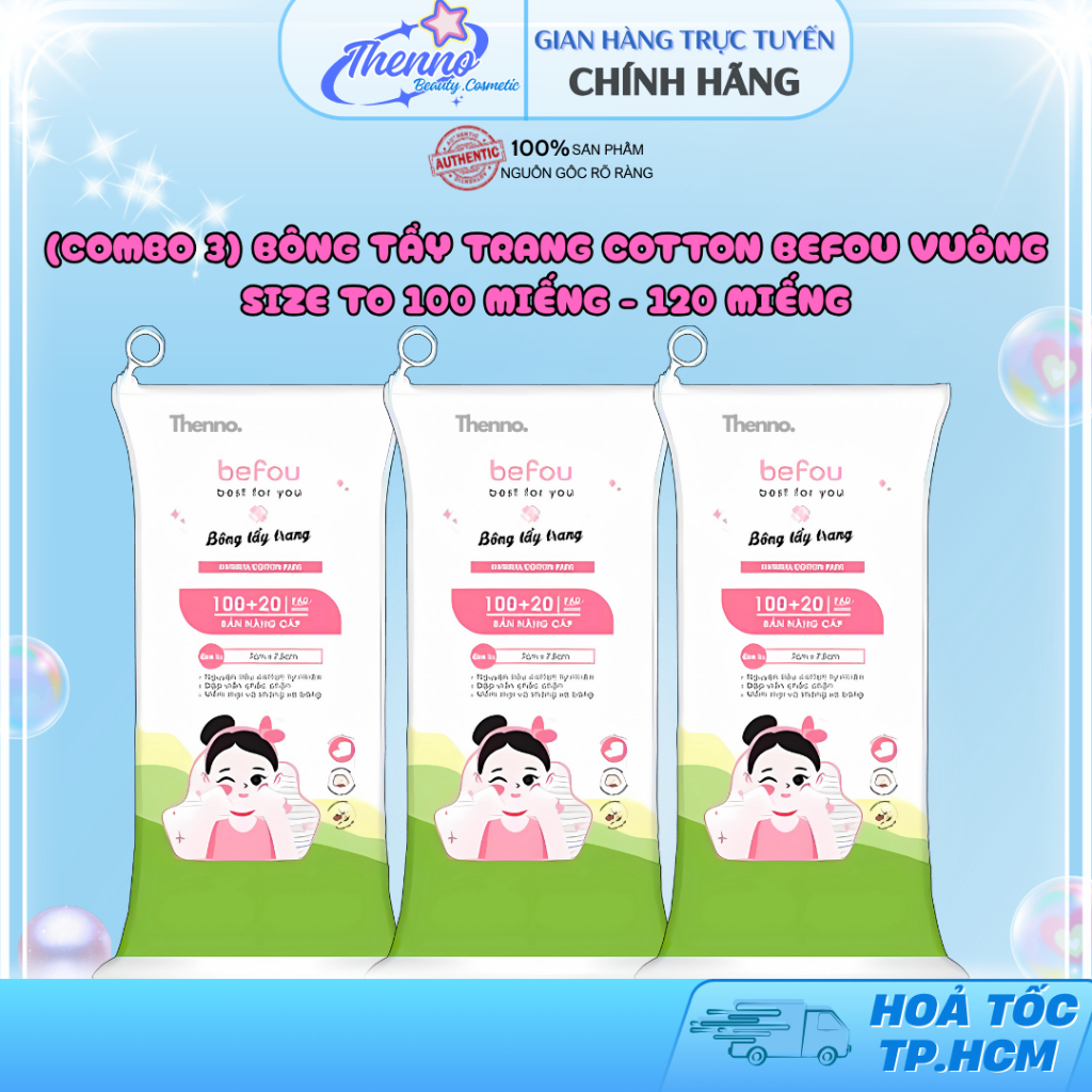 [Combo 3] Bông Tẩy Trang Cotton Vuông Befou 120 Miếng Size Lớn