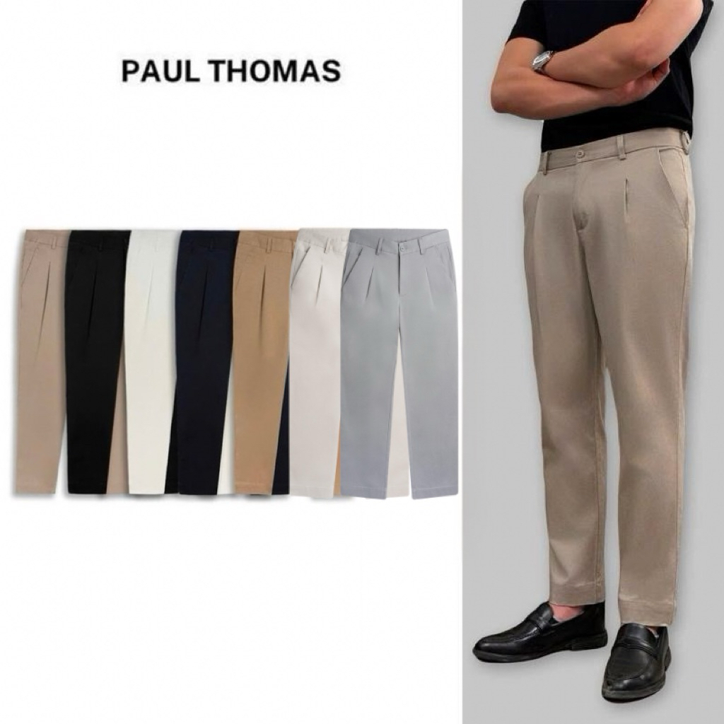 Quần Kaki Nam PAUL THOMAS Dài Basic Thiết Kế Xếp Li, Form Regular