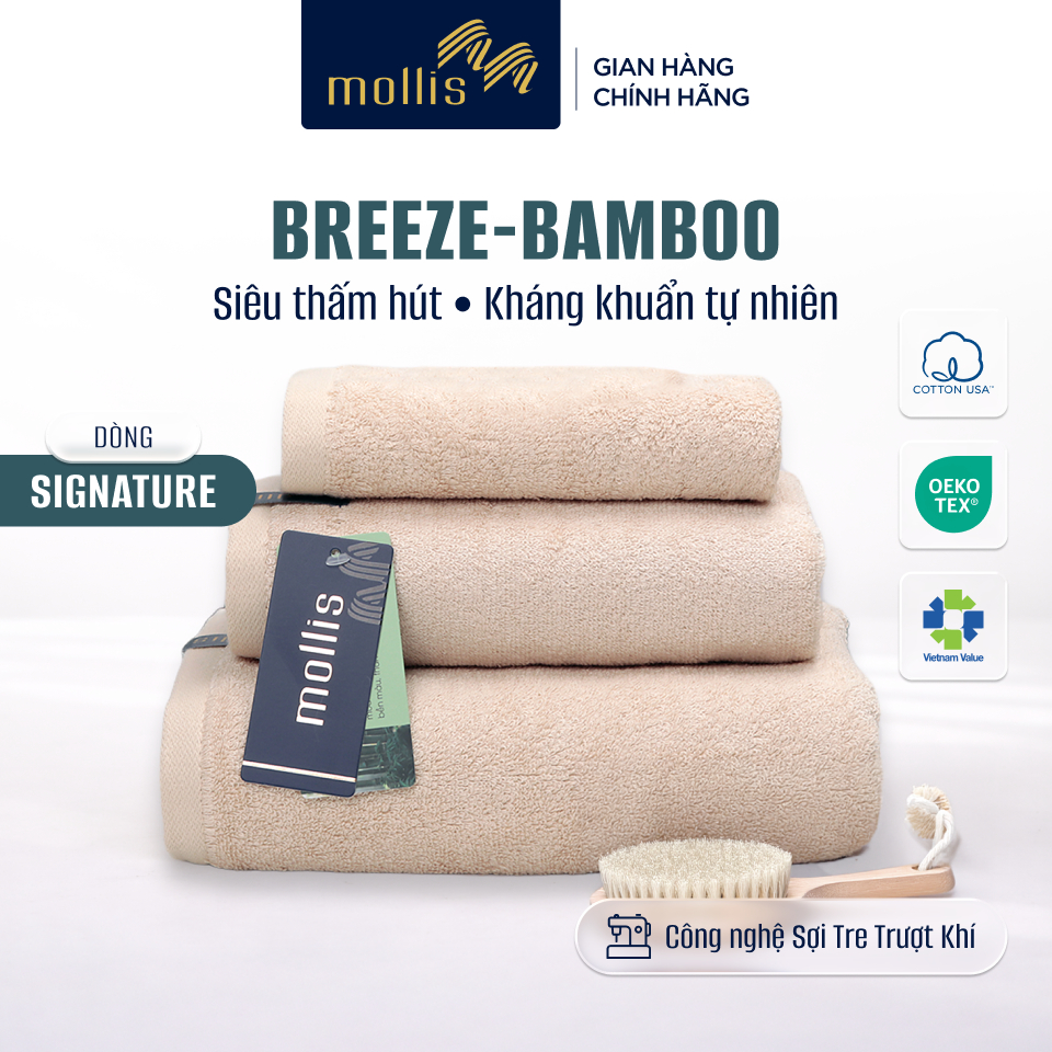 Khăn Mollis BREEZE BAMBOO sợi tre thoáng khí, thấm hút tốt, kháng khuẩn tự nhiên lau mặt lau tay chu