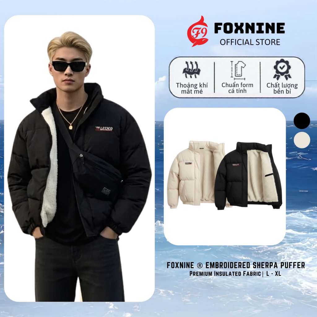 Áo Phao Lót Lông Cừu Thêu Ngực FOXNINE Form Boxy Cổ Cao Dày Dặn Embroidered Sherpa Puffer