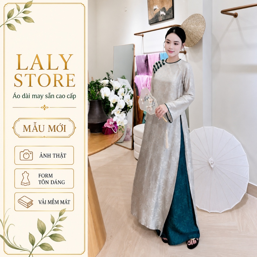 Áo dài cách tân 2 tà lụa tằm cổ tròn, form suông dài cao cấp – LaLy Store PH189