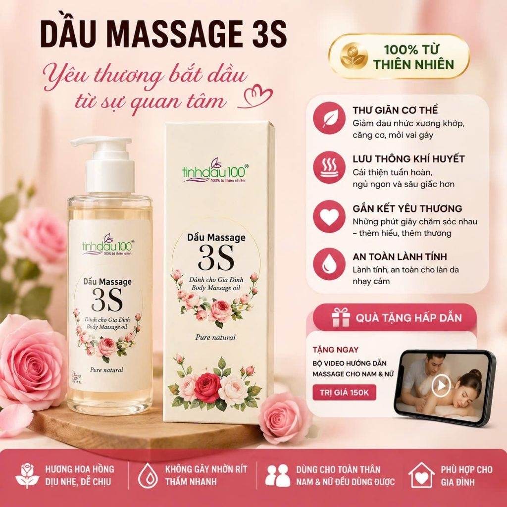 Dầu massage 3S, massage Yoni cho Nữ, massage Nuru cho Nam mùi thơm hoa hồng 80ml Tinh Dầu 100 (Tặng 