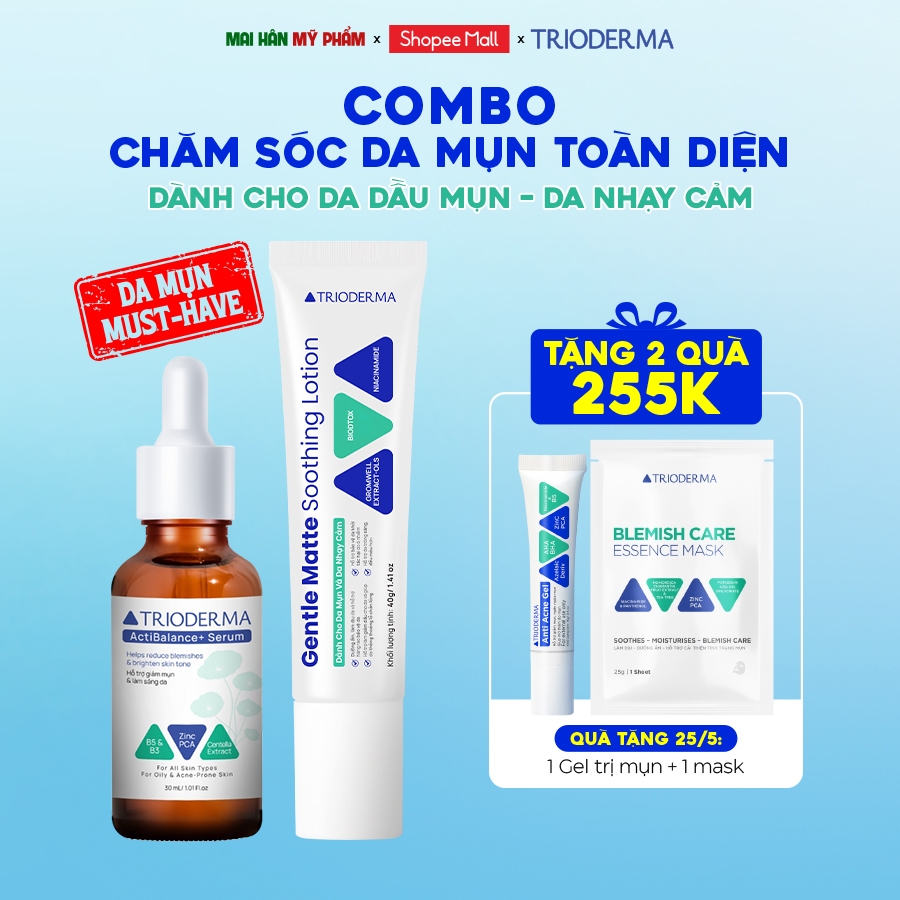 Combo Serum Trị Mụn + Lotion Dưỡng Ẩm Phục Hồi Da Mụn Nhạy Cảm, Giảm Mụn Mờ Thâm