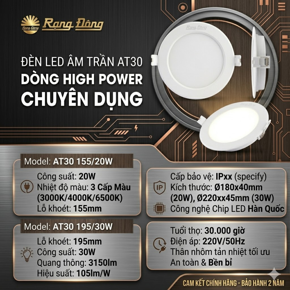 Đèn LED Âm Trần Rạng Đông AT30 (20W/30W) - Downlight Công Suất Lớn Lỗ Khoét 155mm 195mm Siêu Sáng