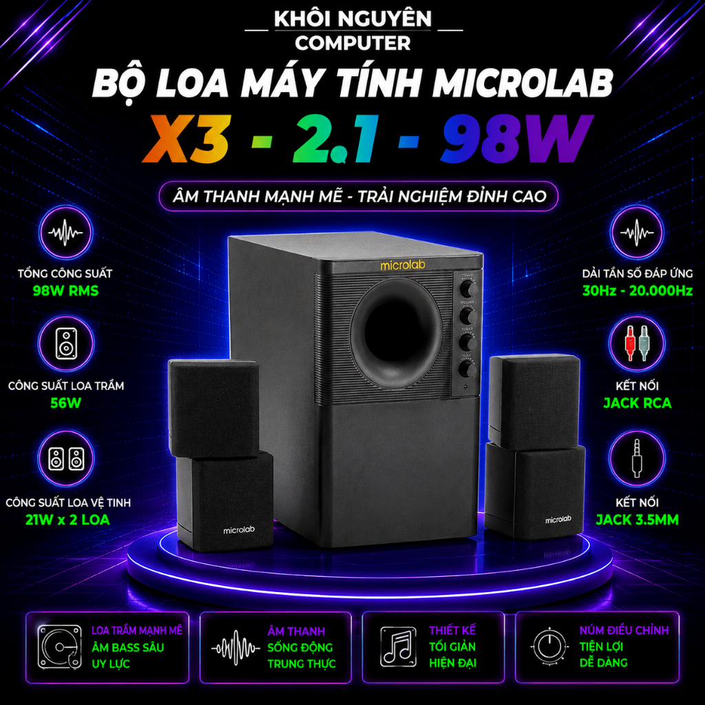 Loa Máy Tính Microlab X3 2.1 98W Chính Hãng Bass Mạnh Âm Thanh HiFi Cho PC TV Gaming