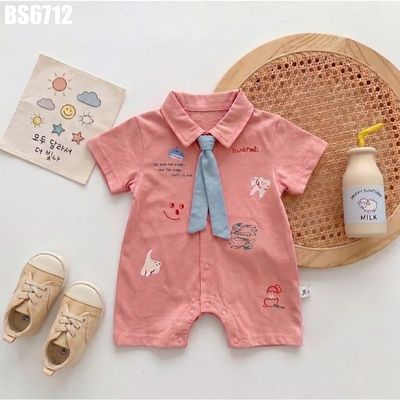 Bodysuit Bé Trai Sơ Sinh Cổ Bẻ Phối Cà Vạt Công Tử Họa Tiết Đáng Yêu MINTSCLOSET BS6712