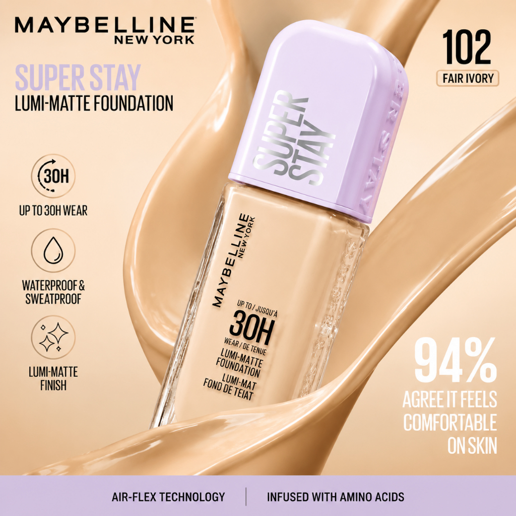 Kem nền Maybelline chính hãng Super Stay  lâu trôi, che phủ hoàn hảo cho da mịn giữ trang cả mùa hè
