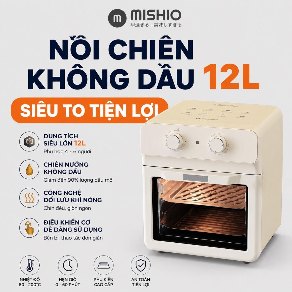 Nồi chiên không dầu 12L cao cấp Mishio Mk393 hàng chính hãng