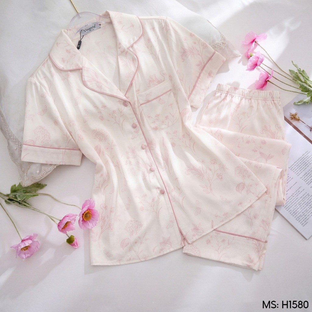 Bộ đồ ngủ nữ Pijama lụa VINGO/VINGORIA tay cộc dáng suông mùa hè H1580 | BigBuy360 - bigbuy360.vn