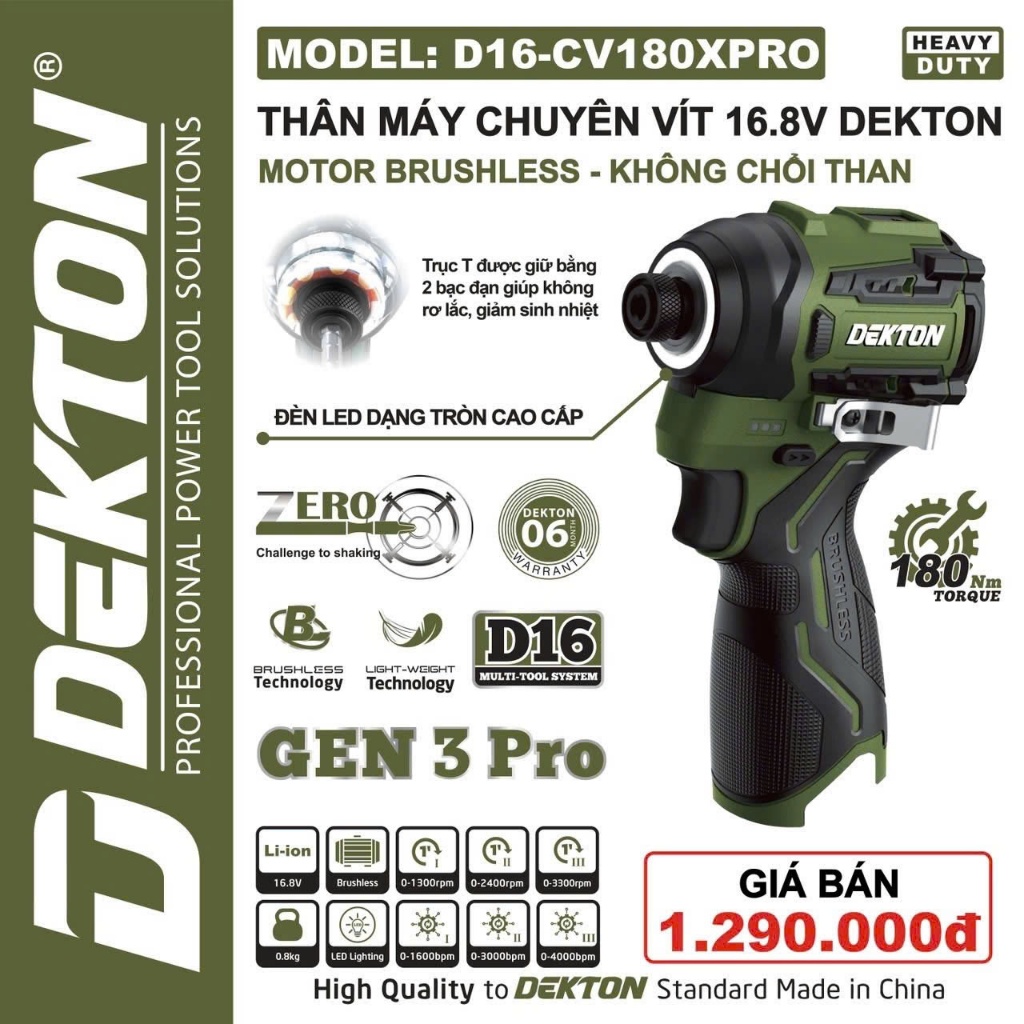 [DTMC] Máy Chuyên Vít Pin Dekton D16-CV180XPro 16,8V Gen 3 Motor Không chổi than/ Lực Siết 180Nm