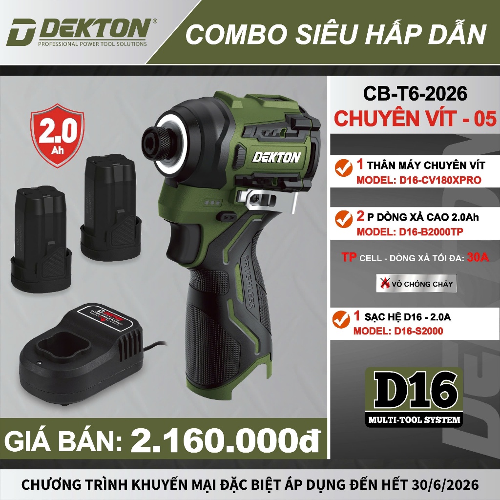 [💯New 2026] Máy Chuyên Vít Pin D16 Dekton D16-CV180PRO, Gen 3, Lực Siết 180Nm