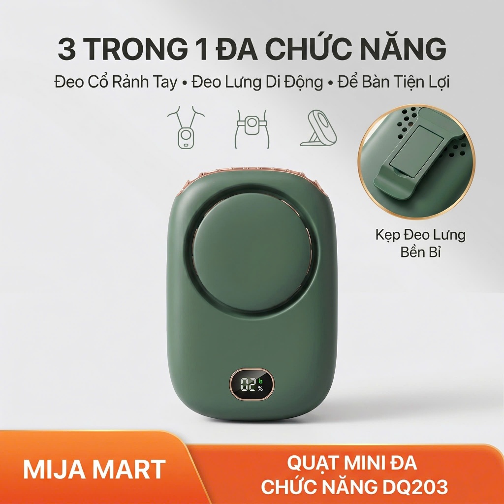 Quạt Mini Đeo Cổ Tích Điện Để Bàn DQ203 - Màn Hình LED Hiện Pin Động Cơ Không Chổi Than Siêu Êm Cho 