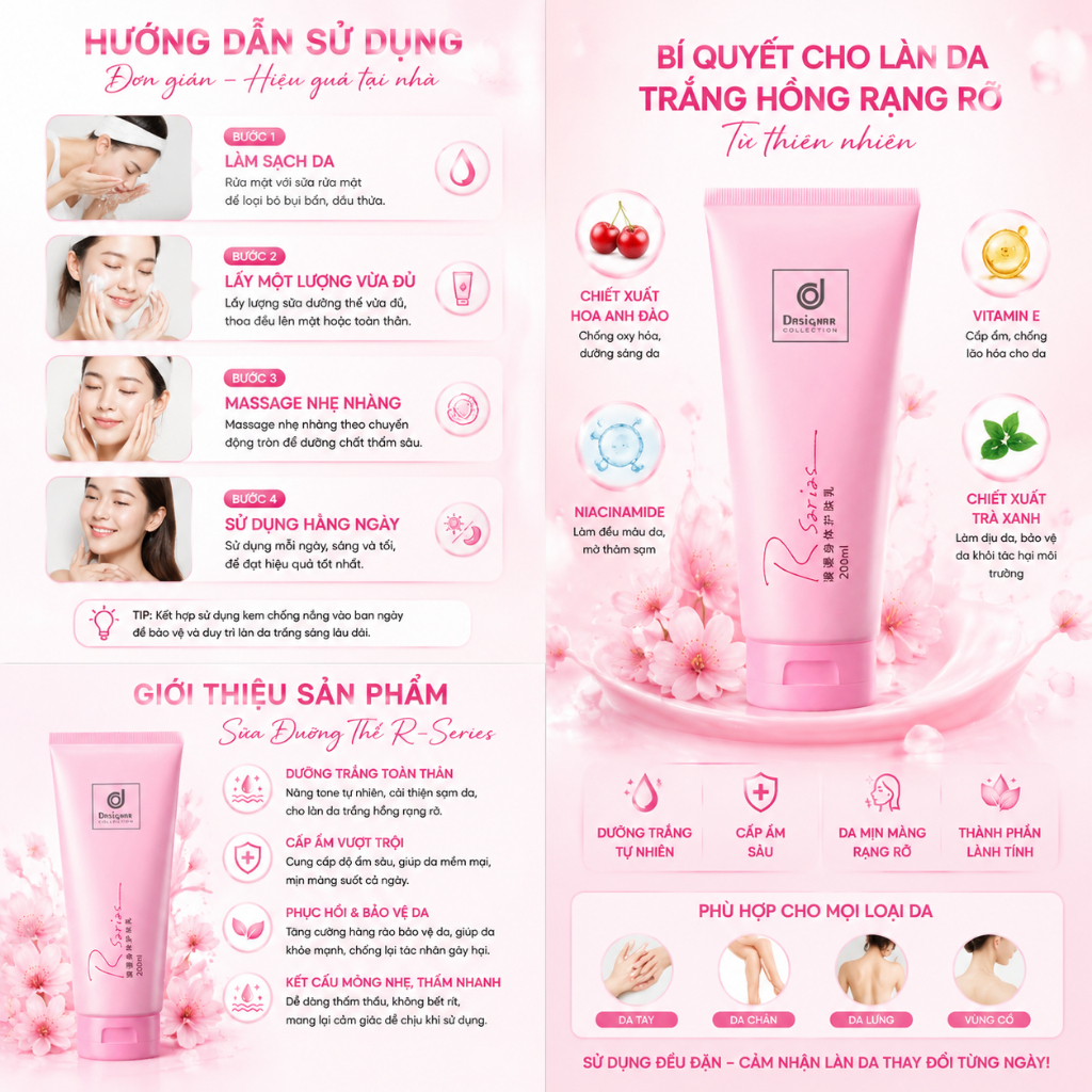 Kem, Sữa Dưỡng Thể Trắng Da Toàn Thân Hương Nước Hoa Thái Lan Rseries Hand and Body Lotion 200ml - H