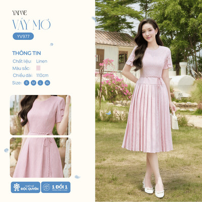 Váy Thiết Kế Nữ YAME Cổ Tròn Sọc Kẻ Hồng Trắng, Tay Đính Nơ Điệu Kèm Belt, Đầm Dáng Dài 110cm Công Sở - MƠ YV977