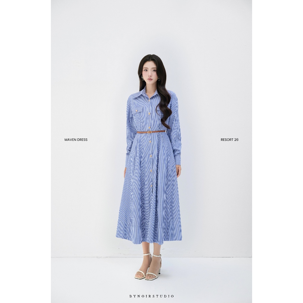 Bynoir Maven Dress - Váy dài kẻ sọc xanh
