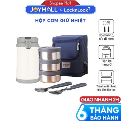 Hộp cơm giữ nhiệt 3 ngăn LocknLock LHC8039WHT 2L chính hãng, kèm túi, muỗng nĩa gấp gọn - JoyMall